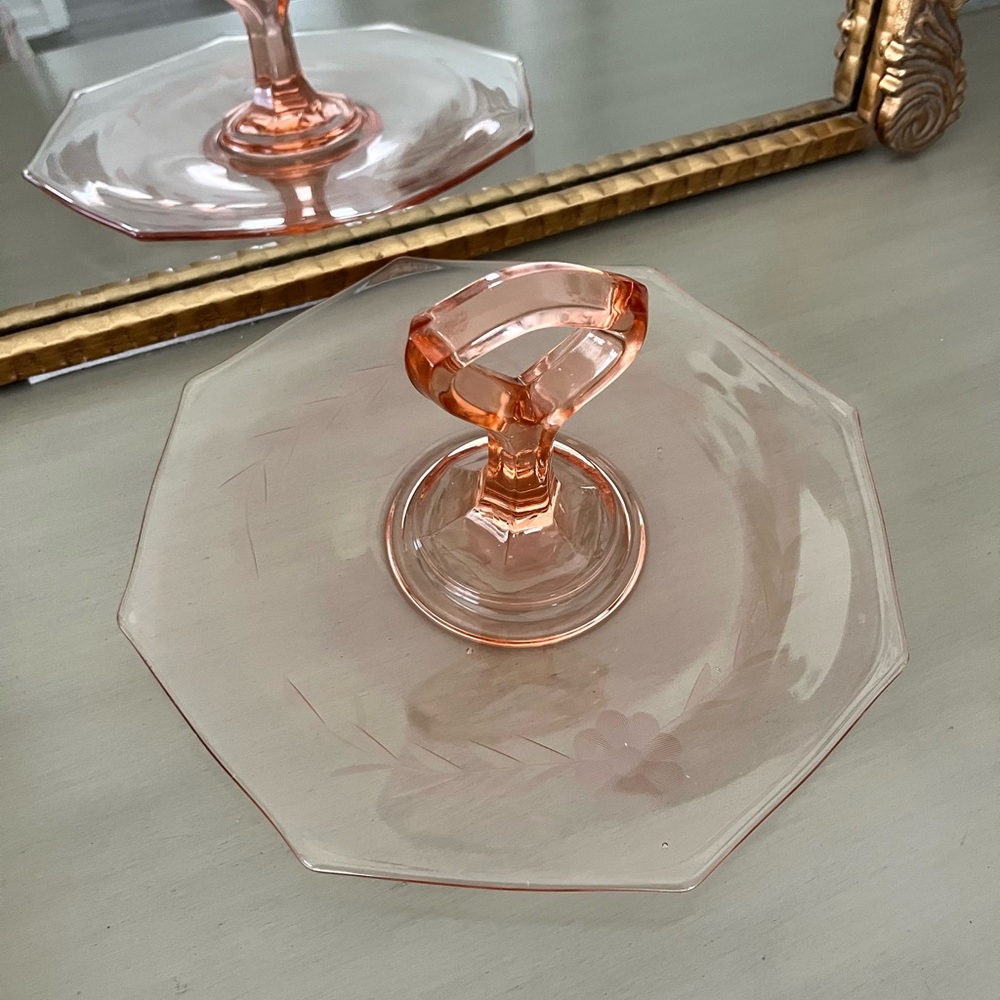 Vintage Pink Floral Etched Handle Serve Tray